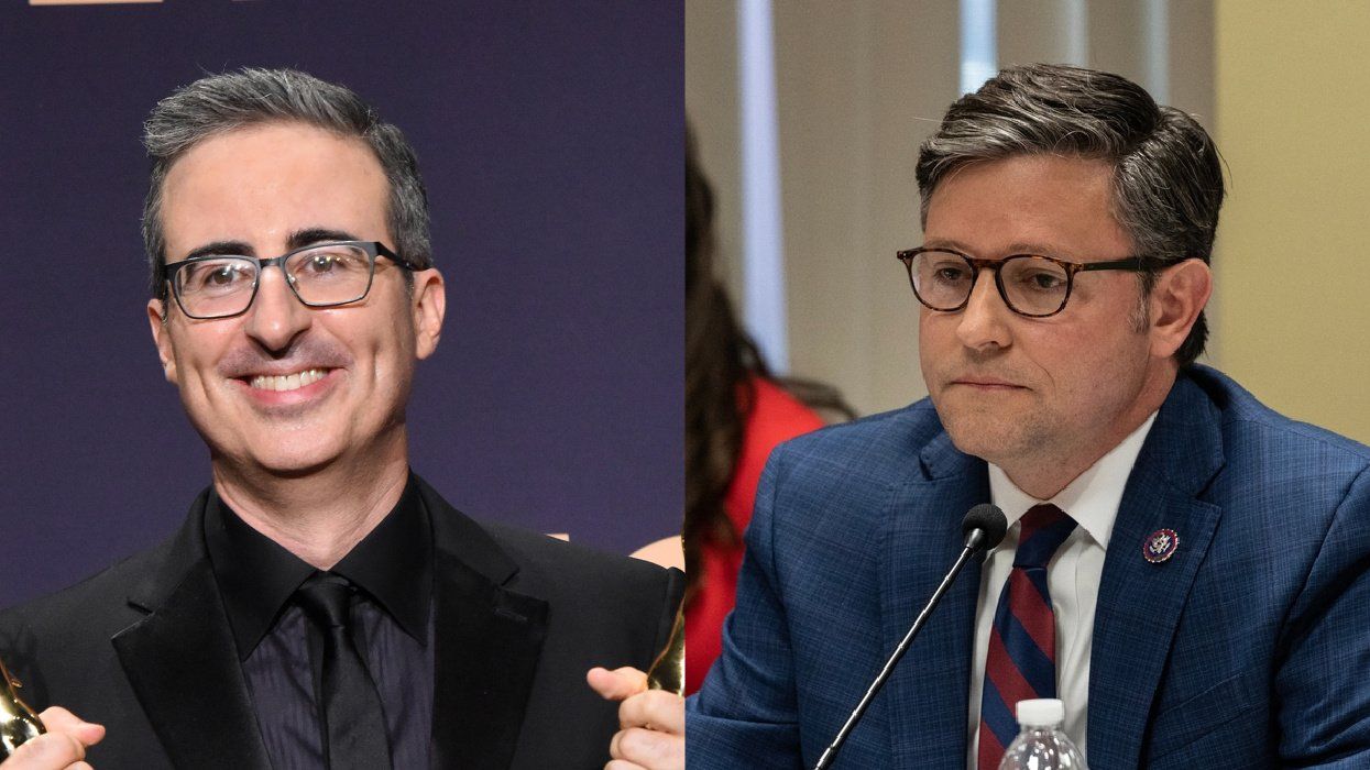 Comedian John Oliver (left), House Speaker Mike Johnson (right)