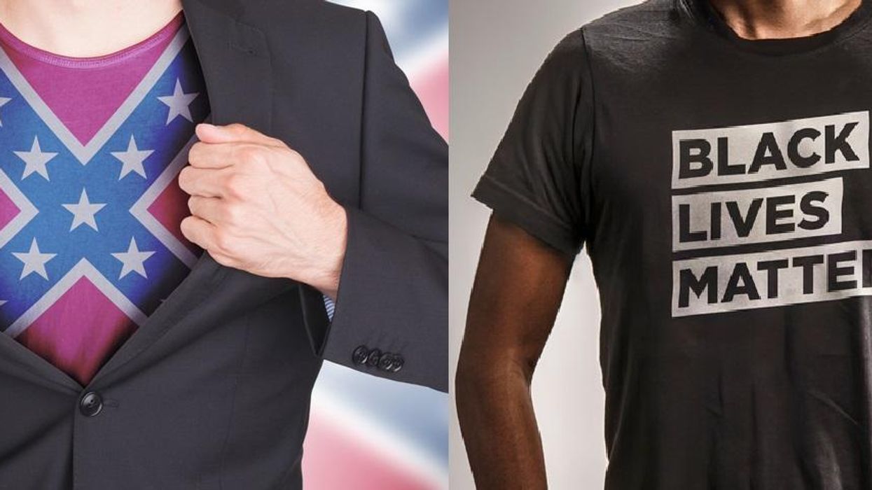 Confederate flag shirt and BLM shirt