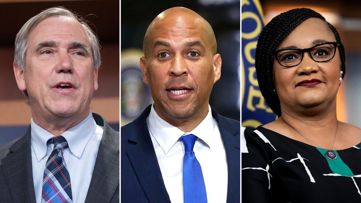 Jeff Merkley, left, Cory Booker, center, and Nikema Williams