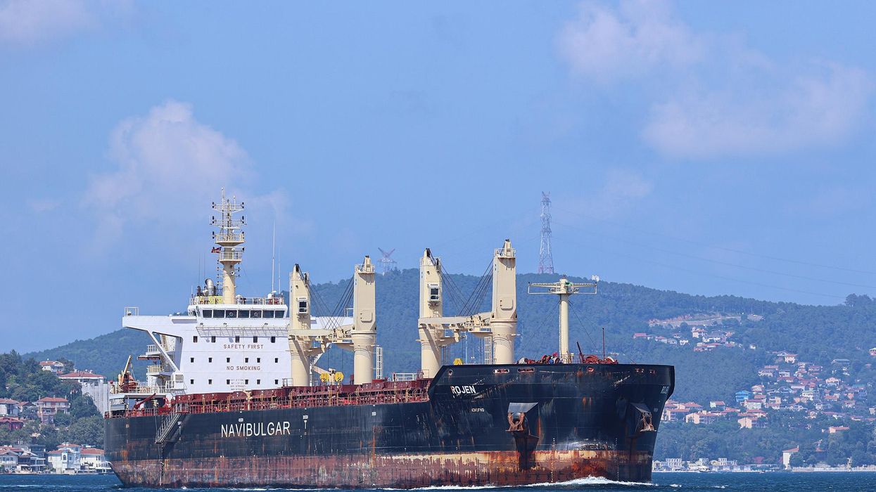 Maltese-flagged ship Rojen passes through the Bosphorus after the Joint Coordination Center comprising representatives of Turkey, Ukraine, Russia and the UN inspected the vessel off the north of Istanbul on August 7.
