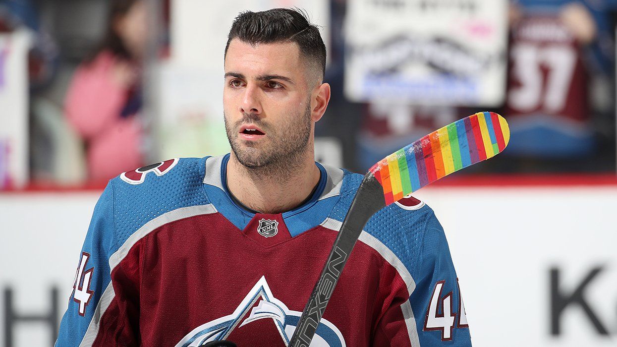 Mark Barberio Colorado Avalanche rainbow tape stick LGBTQ Pride Night