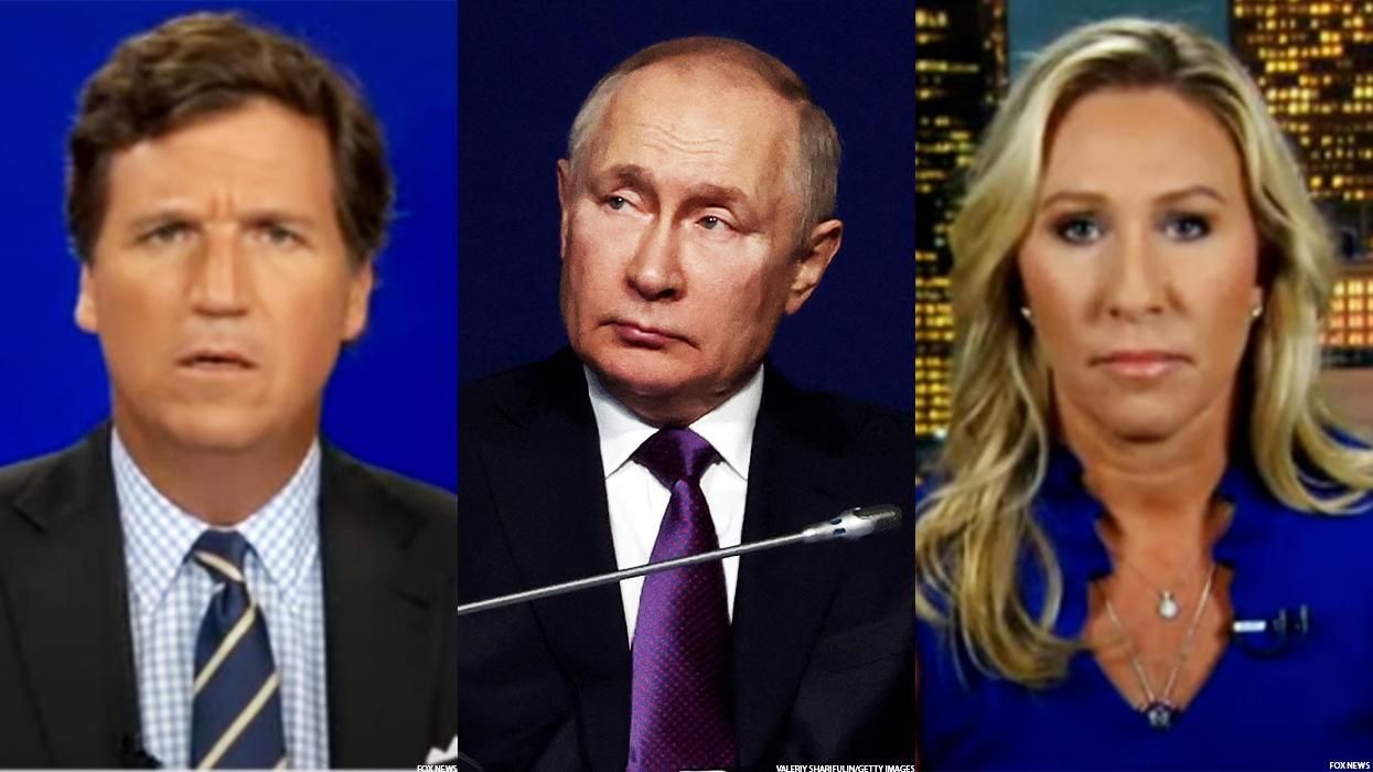 Photos of Tucker Carlson, Vladimir Putin, and Marjorie Taylor Green